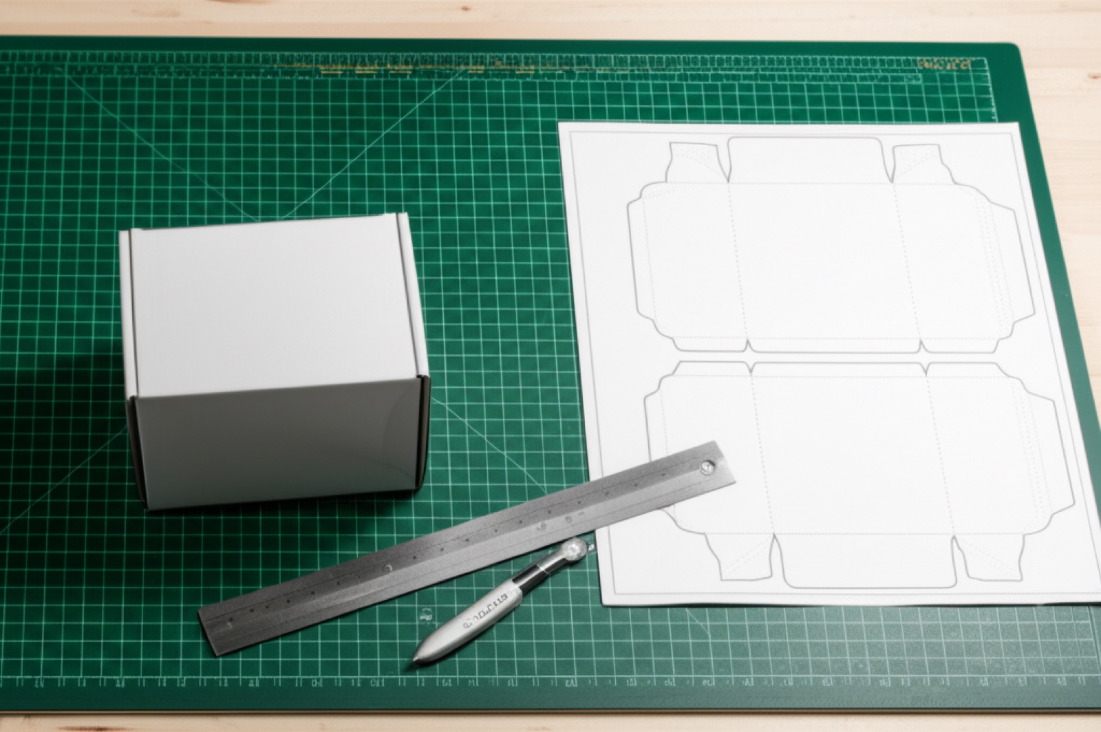 紙袋打樣工作站：裁切墊、刀具與白樣原型