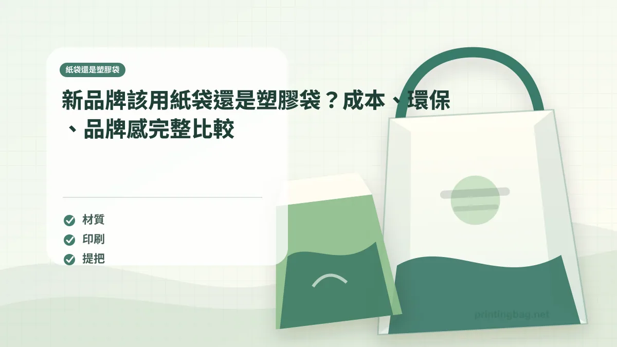 紙袋還是塑膠袋示意圖，呈現紙袋尺寸、材質、提把與印刷加工重點，協助品牌判斷紙袋還是塑膠袋的規格與詢價條件。