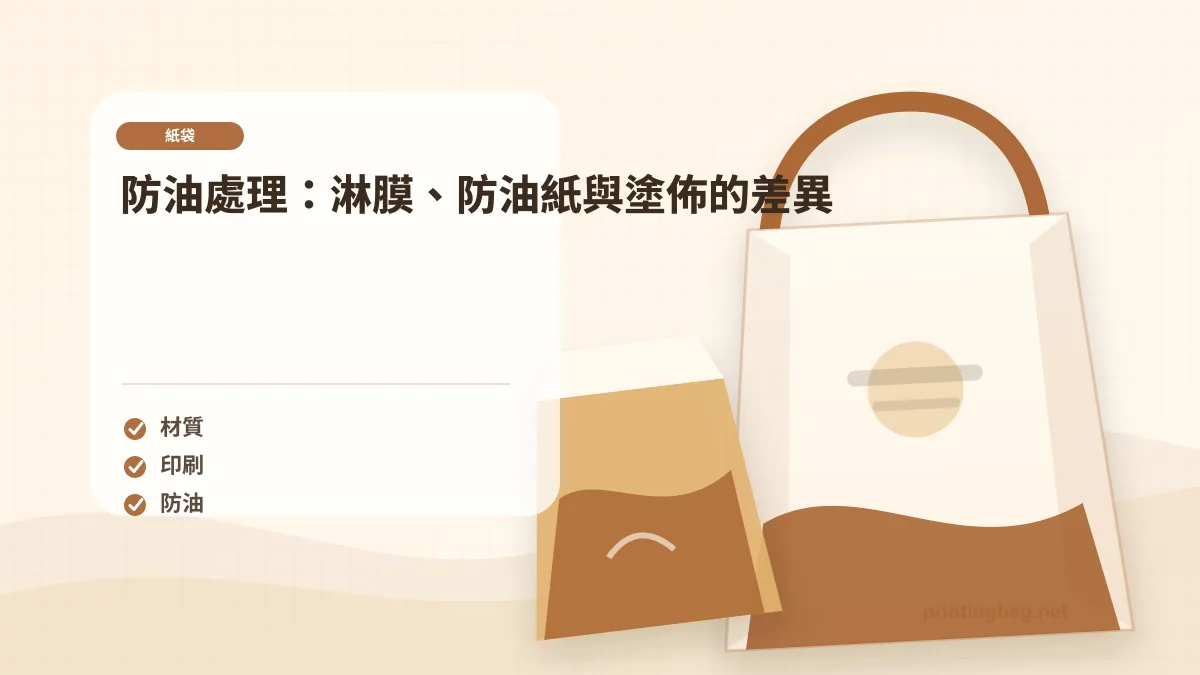 防油處理：淋膜、防油紙與塗佈的差異示意圖，補充紙袋第 2 段的尺寸、材質、加工或使用情境判斷。