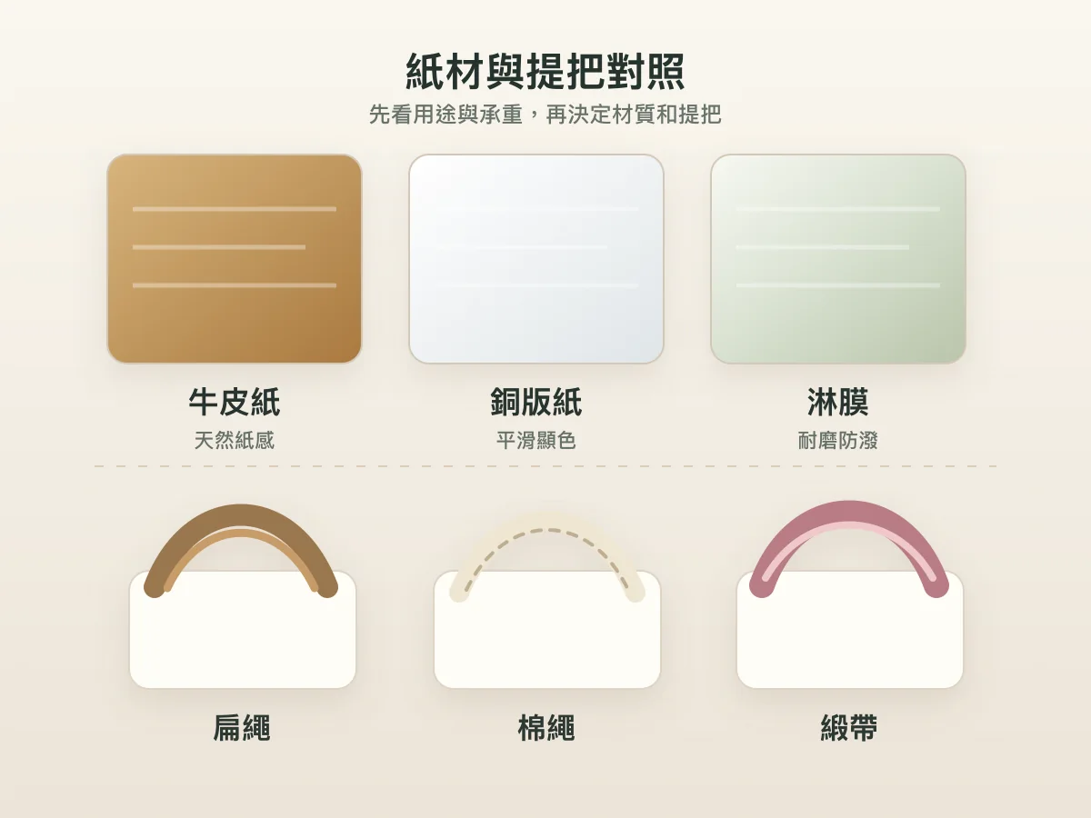 牛皮紙、銅版紙、淋膜紙材與扁繩、棉繩、緞帶提把的材質對照