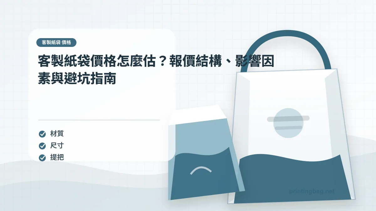 紙袋印刷規格解析主圖，展示牛皮紙袋、白卡紙袋、色樣與提把材質的比較場景