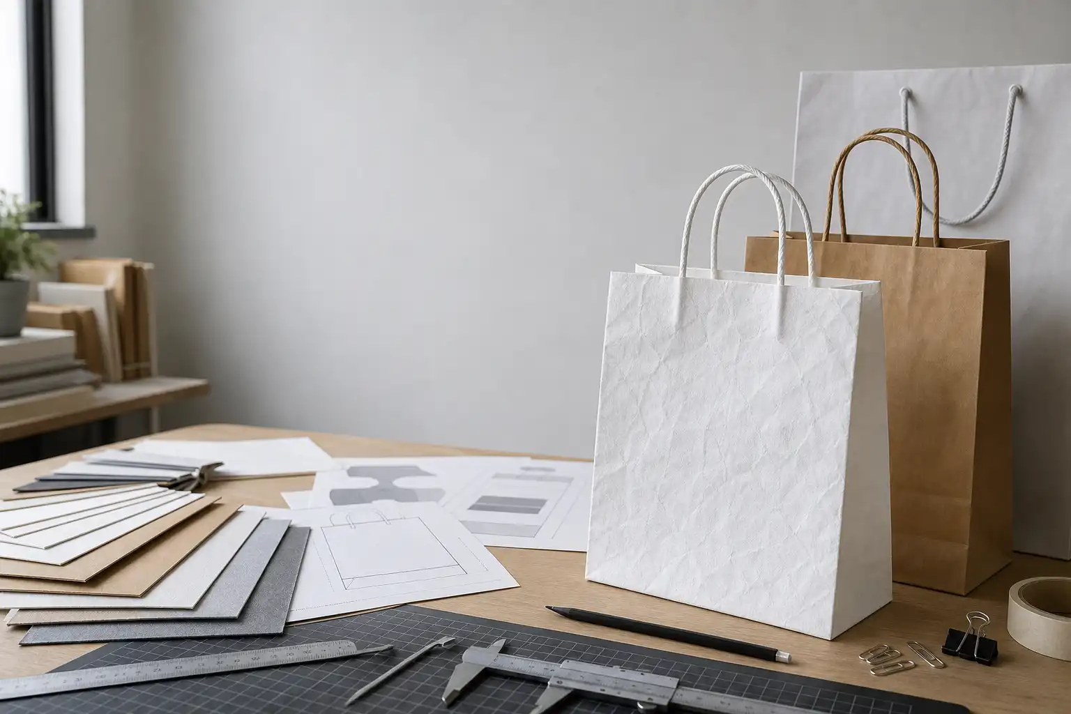 Tyvek 紙袋缺點文章主圖，展示 Tyvek 紙袋樣品、材質測試、印刷檢查與採購評估的真實工作場景