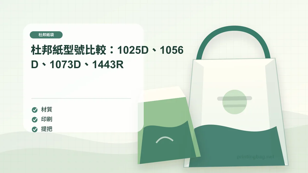 杜邦紙型號比較：1025D、1056D、1073D、1443R示意圖，補充杜邦紙袋第 3 段的尺寸、材質、加工或使用情境判斷。
