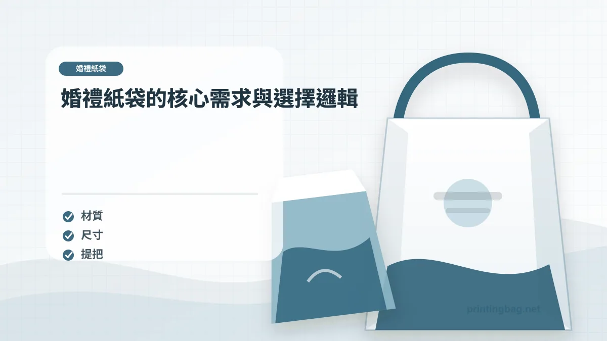 婚禮紙袋的核心需求與選擇邏輯示意圖，補充婚禮紙袋第 1 段的尺寸、材質、加工或使用情境判斷。