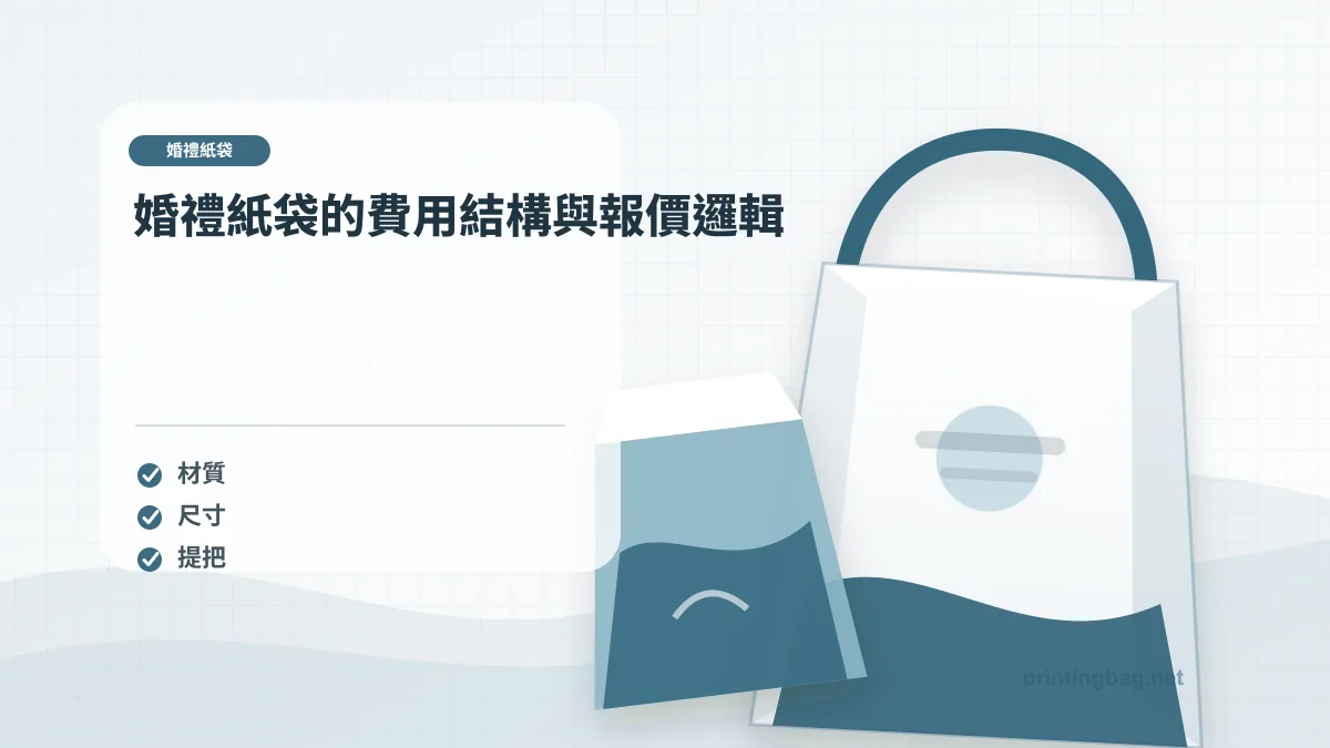 婚禮紙袋的費用結構與報價邏輯示意圖，補充婚禮紙袋第 3 段的尺寸、材質、加工或使用情境判斷。