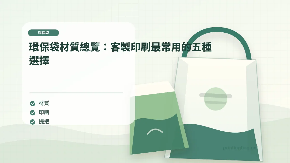 環保袋材質總覽:客製印刷最常用的五種選擇示意圖,補充環保袋第 1 段的尺寸、材質、加工或使用情境判斷。