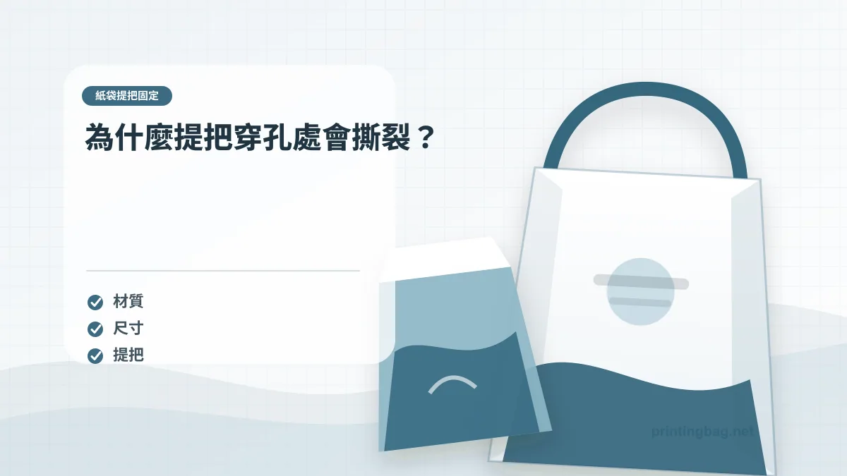 為什麼提把穿孔處會撕裂?示意圖,補充紙袋提把固定第 2 段的尺寸、材質、加工或使用情境判斷。
