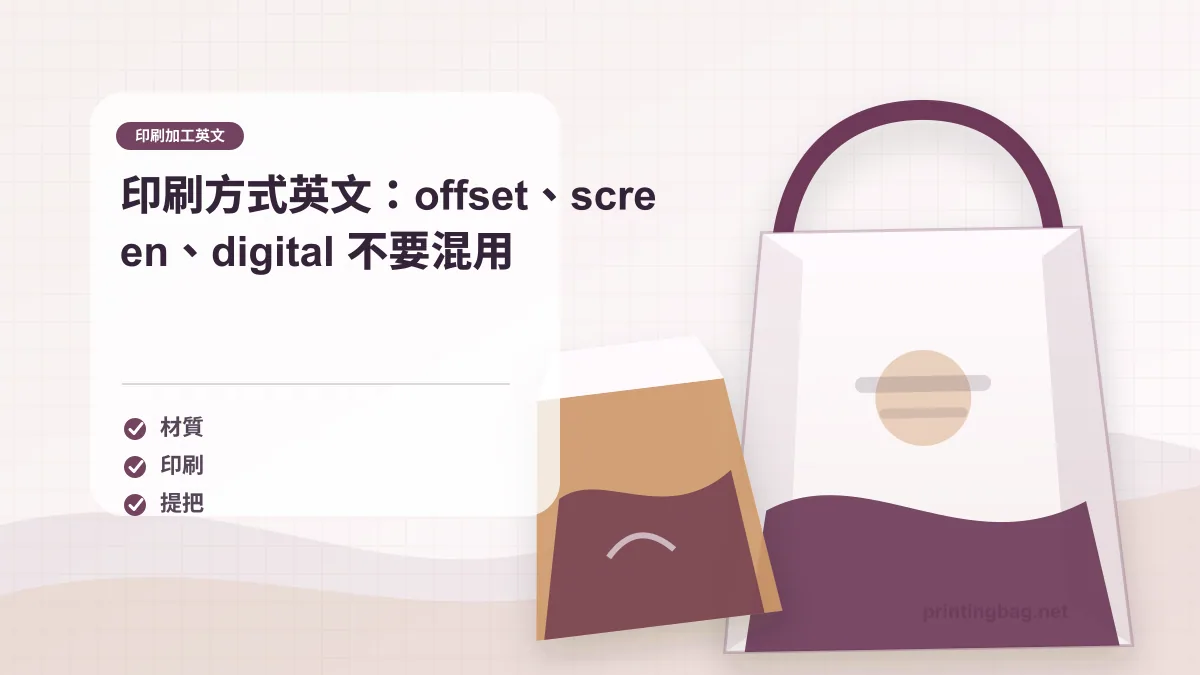 印刷加工英文印刷方式示意圖,展示 offset printing、screen printing 與 digital printing 的紙袋應用。