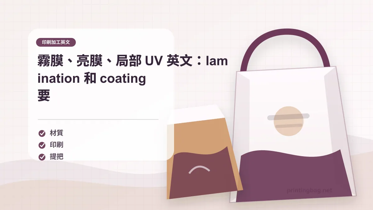印刷加工英文霧膜亮膜示意圖,展示 matte lamination、gloss lamination 與 spot UV 的紙袋效果。
