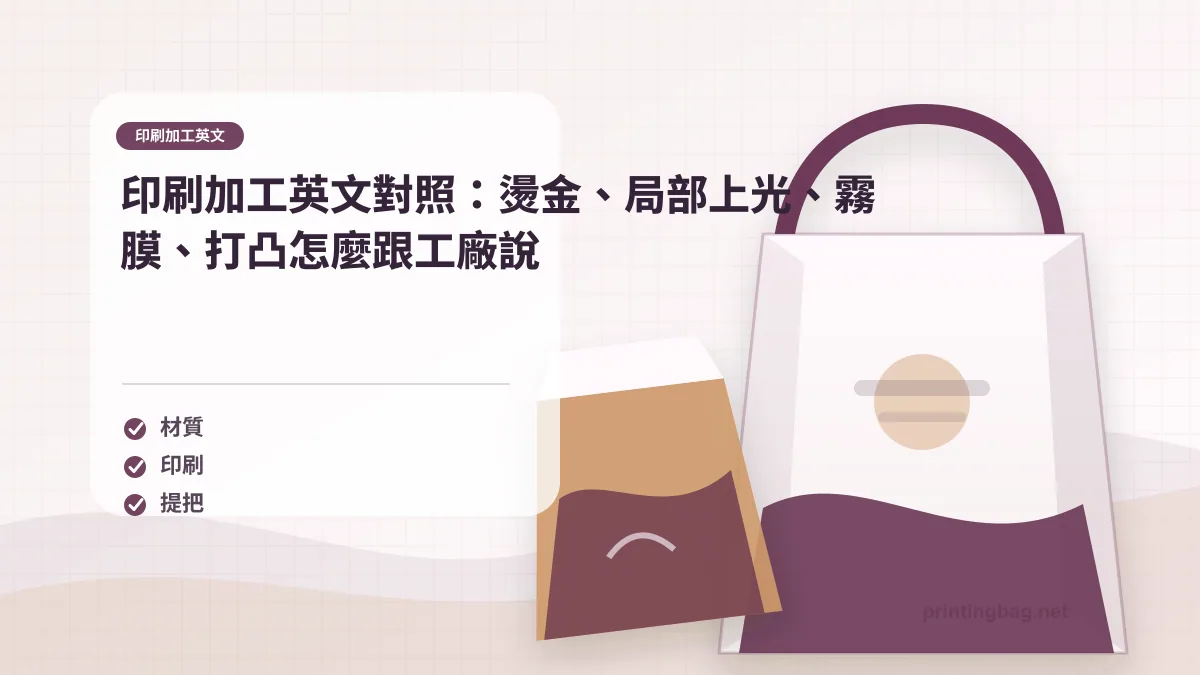 印刷加工英文示意圖,呈現紙袋燙金、局部上光、霧膜與打凸效果,協助理解提袋英文加工說法。