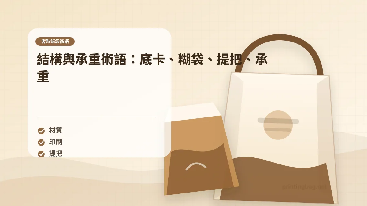 紙袋結構術語示意圖,包含底卡補強、糊袋工序、提把類型與承重關係說明