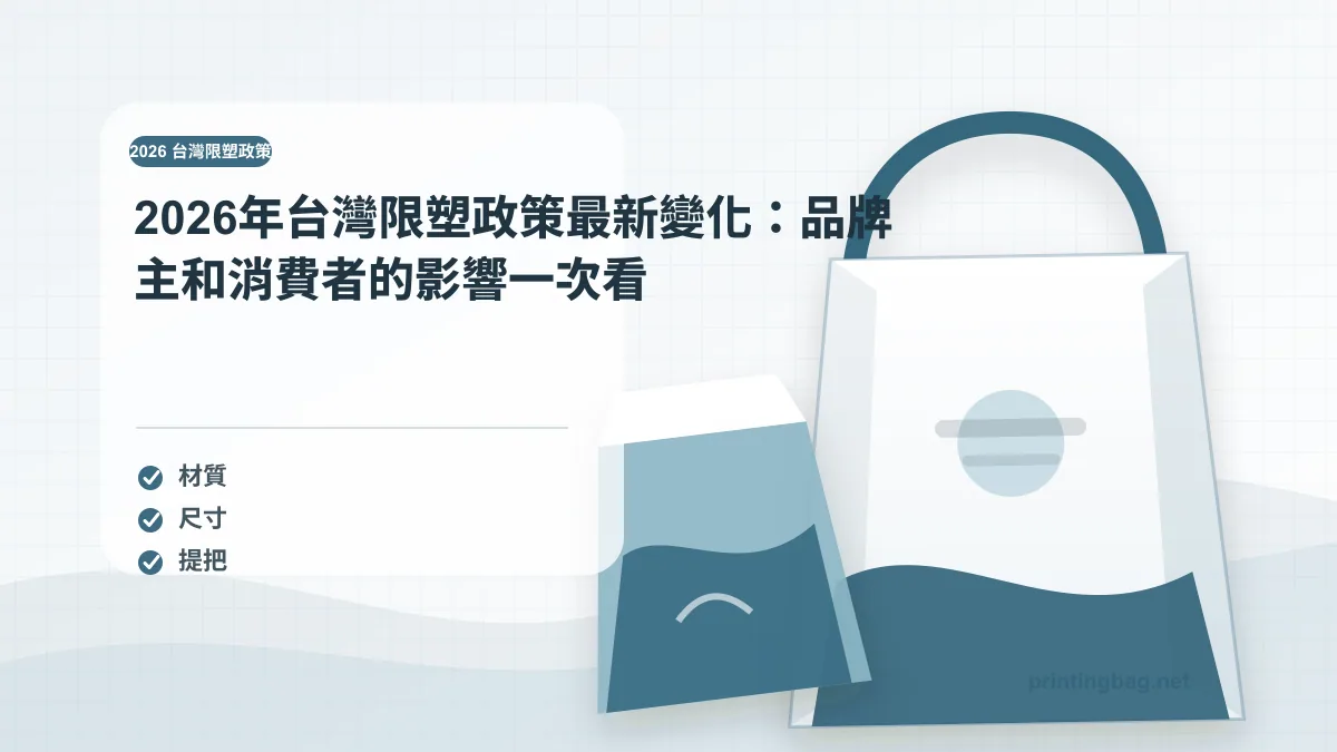 2026 台灣限塑政策示意圖,呈現紙袋尺寸、材質、提把與印刷加工重點,協助品牌判斷2026 台灣限塑政策的規格與詢價條件。
